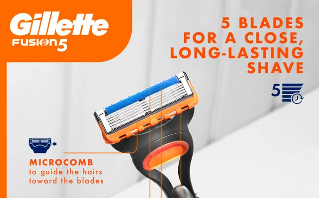 Razor head with 5 blades and a microcomb to guide hairs toward the blades.