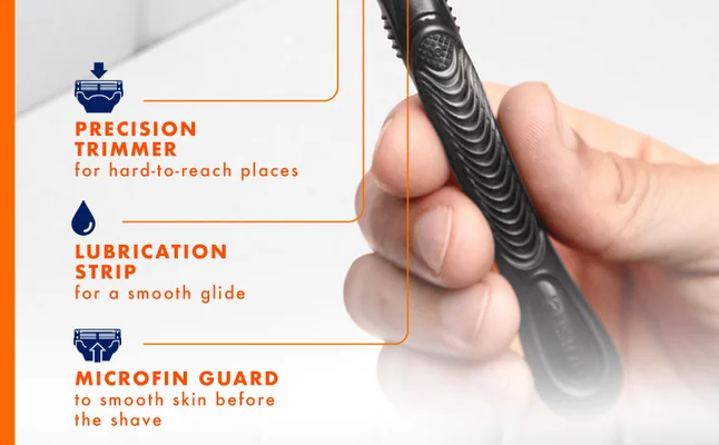 Razor handle. Text details the precision trimmer, lubrication strip and Microfin Guard.