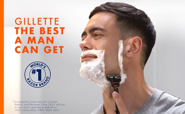 Man shaves his left cheek. Text reads 'Gillette. The Best a Man Can Get.'