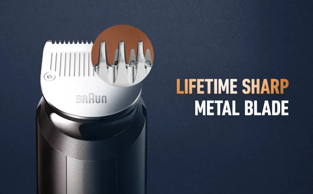 Close-up of King C. Gillette Trimmer head that has a lifetime sharp metal blade.