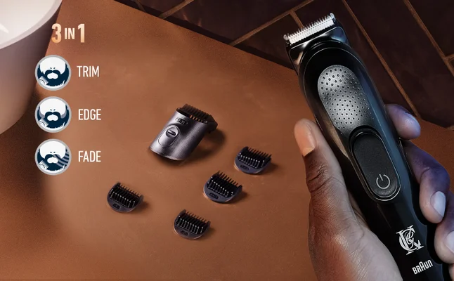 King C. Gillette Trimmer with 3 combs to trim, edge, and fade the beard.