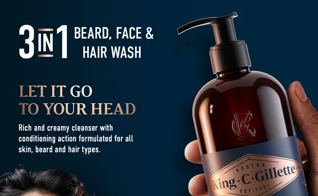 King C. Gillette 3-in-1 beard, face, and hair wash: rich and creamy cleanser with conditioning action.