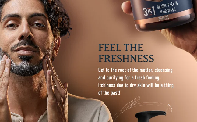 Man touching his face after using Gillette 3-in-1 beard, face, and hair wash for a fresh feeling.