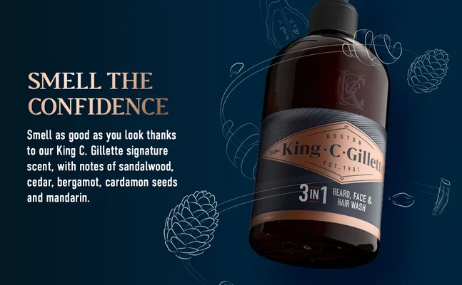 King C. Gillette 3-in-1 beard, face, and hair wash bottle, highlighting the signature scent with sandalwood, cedar, bergamot, cardamon, and mandarin notes.