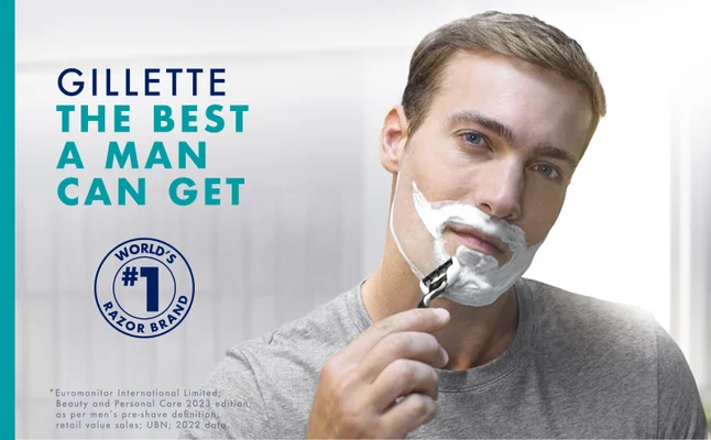 Man shaves his right cheek. Text reads