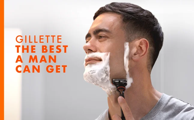 Man shaves his left cheek. Text reads