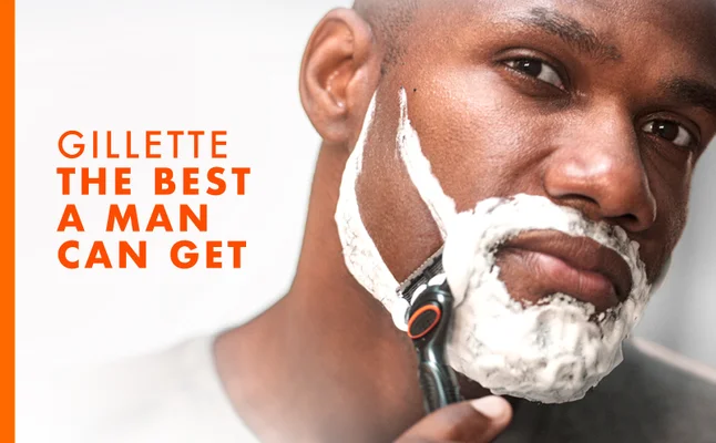 Man shaves his right cheek. Text reads