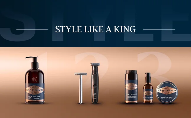 King C. Gillette products including 3-in-1 beard wash, razor, beard trimmer, face moisturizer, beard thickener, and beard softener.