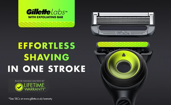 Gillette Labs razor with exfoliating bar, promising effortless shaving in one stroke, backed by a lifetime warranty.