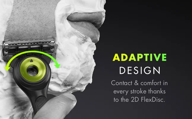 Gillette razor with green arrows indicating adaptive design and 2D FlexDisc for contact and comfort.
