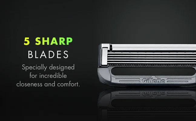 Gillette razor cartridge highlighting the 5 sharp blades, specially designed for incredible closeness and comfort.