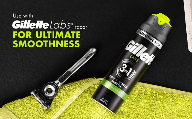 Frontal shot of Gillette Labs Revitalising Gel next to a Gillette Labs razor.