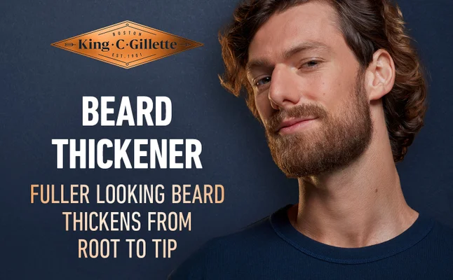 A man looking confidently. King C. Gillette Beard Thickener provides a fuller looking beard.