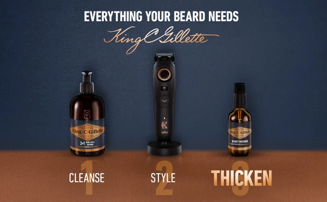 3in1 Wash, Trimmer Pro Max, and Beard Thickener to cleanse, style and thicken.