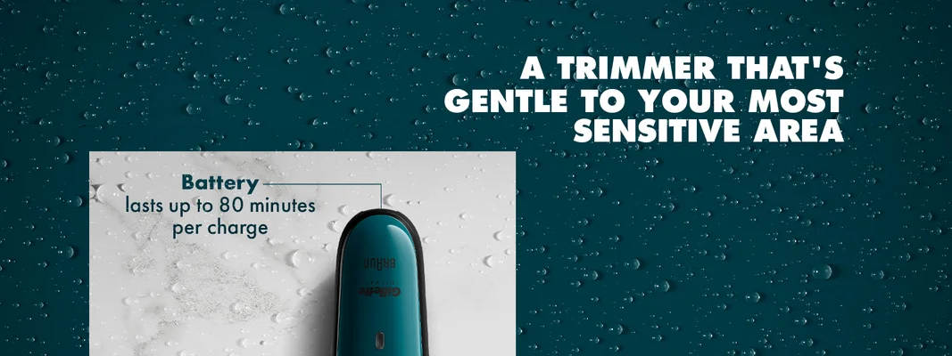 Gillette Intimate trimmer highlighting its battery life of up to 80 minutes per charge.