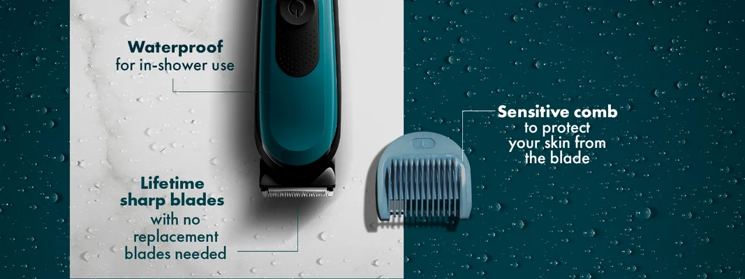 Gillette trimmer highlighting waterproof design, lifetime sharp blades, and a sensitive comb to protect skin.
