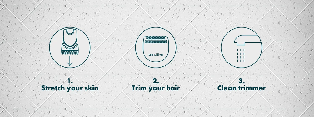 Gillette trimmer usage instructions: stretch skin, trim hair with sensitive trimmer, and clean trimmer.