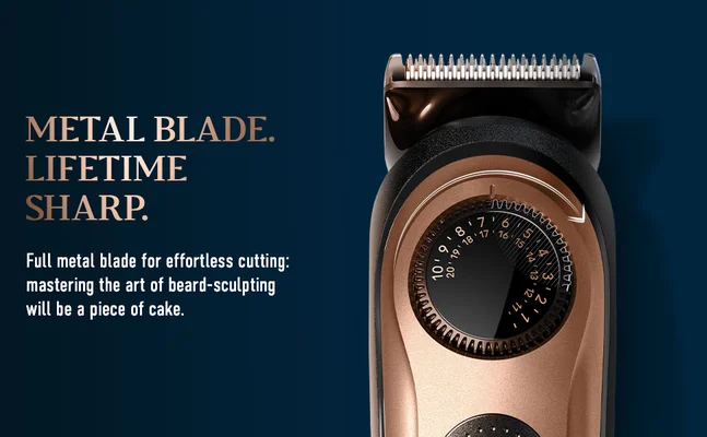 Gillette beard trimmer with a metal blade, promising lifetime sharpness for effortless beard sculpting.