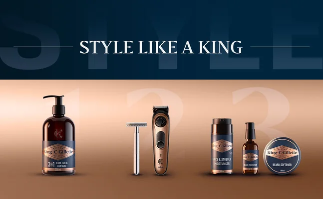 King C. Gillette product line featuring beard wash, razor, beard trimmer, face moisturizer, beard thickener, and beard softener.
