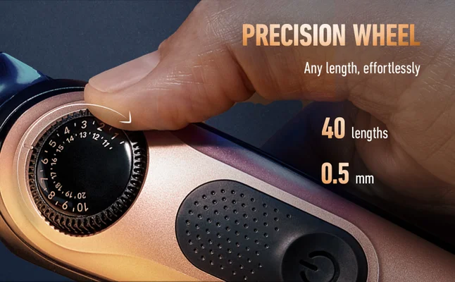 Trimmer Pro with precision wheel and list of benefits such as 40 lengths and 0.5 mm.