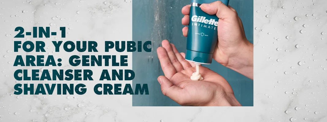 Gillette Intimate 2-in-1 cleanser and shaving cream being dispensed into a hand.