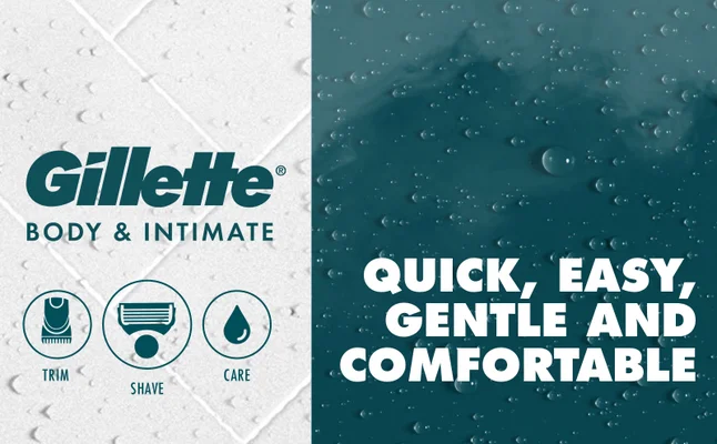 Text about how Gillette Intimate Pubic Hair Razor is quick, easy, gentle and comfortable.