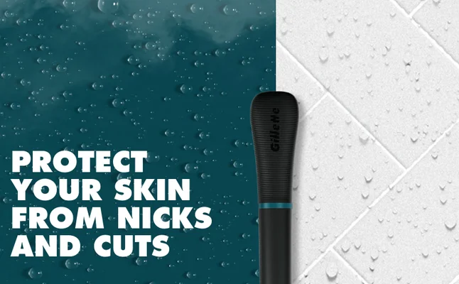 Lower part of Gillette Intimate Pubic Hair Razor handle next to text.