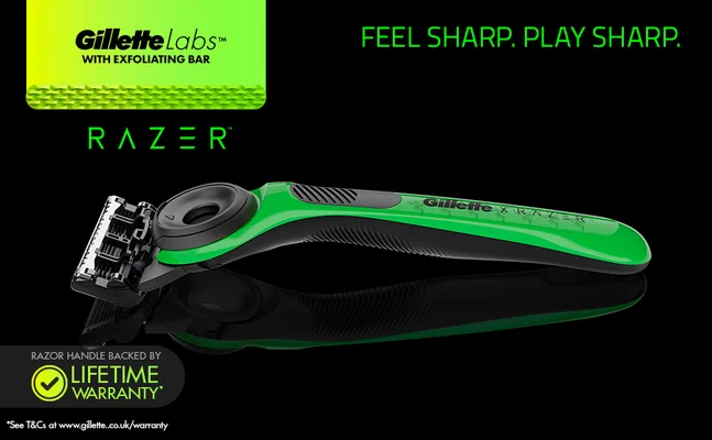 Gillette Labs Razer razor with exfoliating bar and razor handle backed by a lifetime warranty.