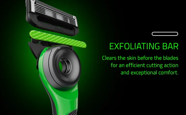 Gillette razor highlighting the exfoliating bar for clearing skin before the blades, providing efficient cutting action and exceptional comfort.