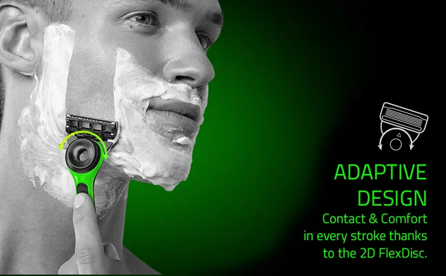 Gillette razor demonstrating its adaptive design and 2D FlexDisc for contact and comfort during shaving.