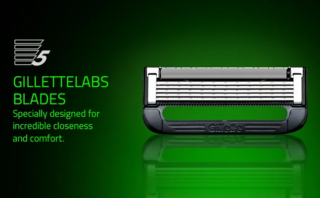 GilletteLabs blades, specially designed for incredible closeness and comfort, shown with five blades.