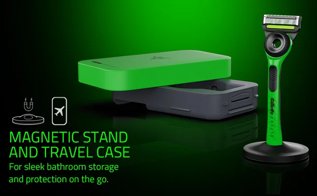 Gillette Razer with magnetic stand and travel case for sleek bathroom storage and protection on the go.