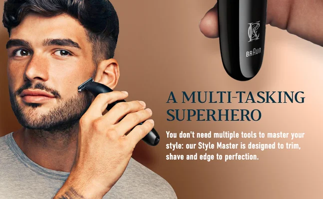 Man uses Style Master designed to trim, shave and edge to perfection.