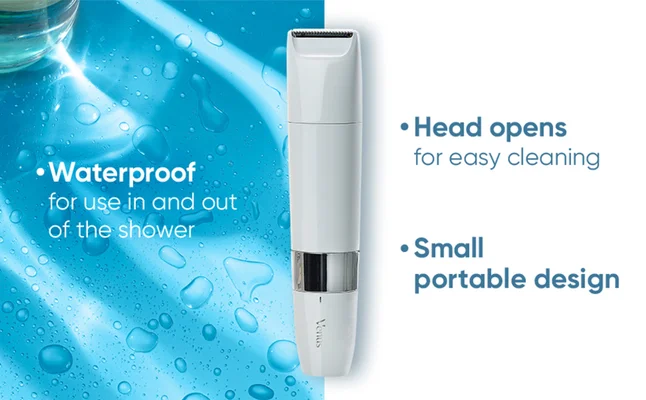 'Waterproof for use in and out of the shower. Head opens for easy cleaning.Small portable design.