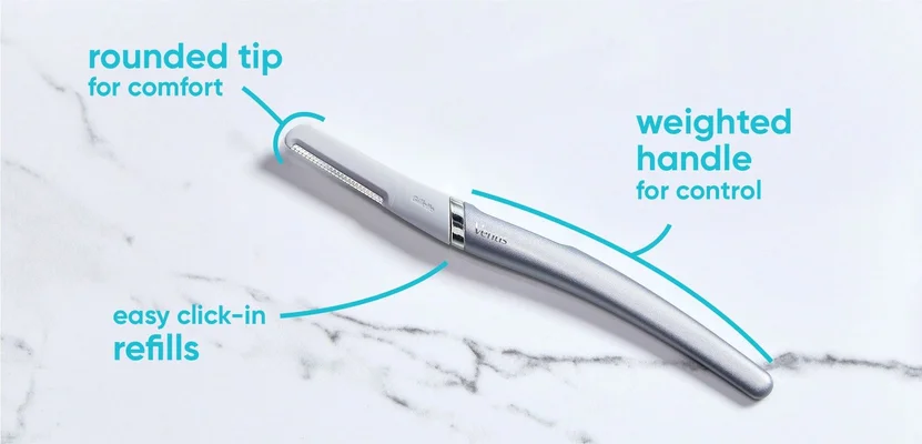 rounded tip for comfort, easy click-in refills, weighted handle for control.