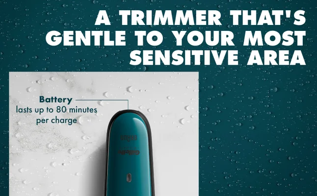 Gillette Intimate trimmer highlighting its battery life lasting up to 80 minutes per charge.