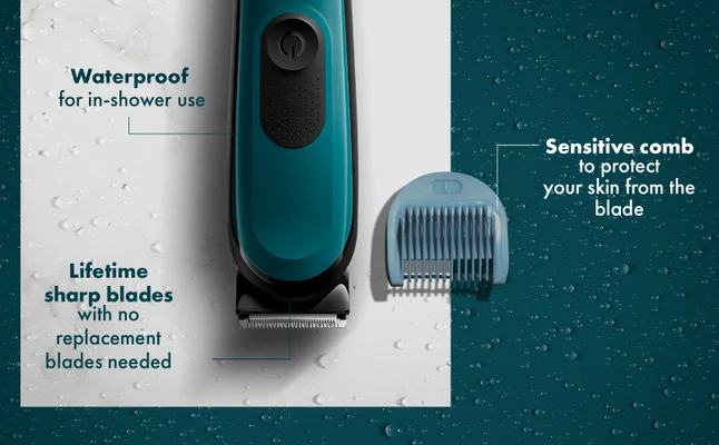 Gillette trimmer highlighting waterproof design, lifetime sharp blades, and sensitive comb to protect skin.
