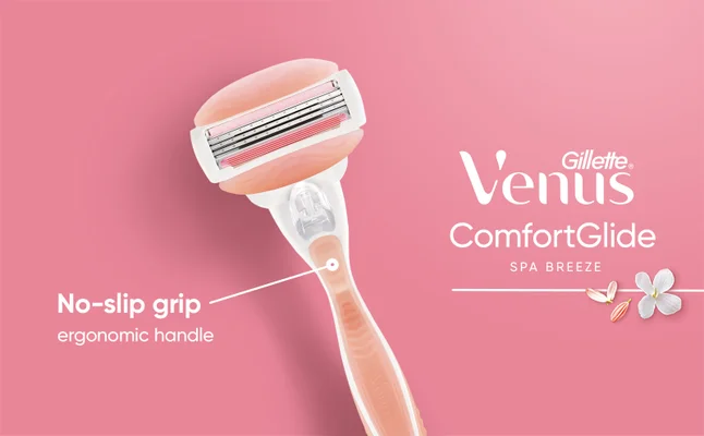 Gillette Venus ComfortGlide Spa Breeze razor with no-slip grip ergonomic handle.