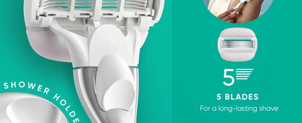 Shower holder and Pro ComfortGlide razor head with 5 blades for a long-lasting shave.
