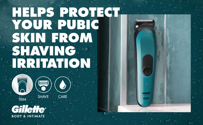Text about how Pubic Hair Trimmer i3 helps protect pubic skin from shaving irritation.