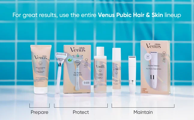 For Pubic Hair & Skin lineup with products to prepare, protect, and maintain.