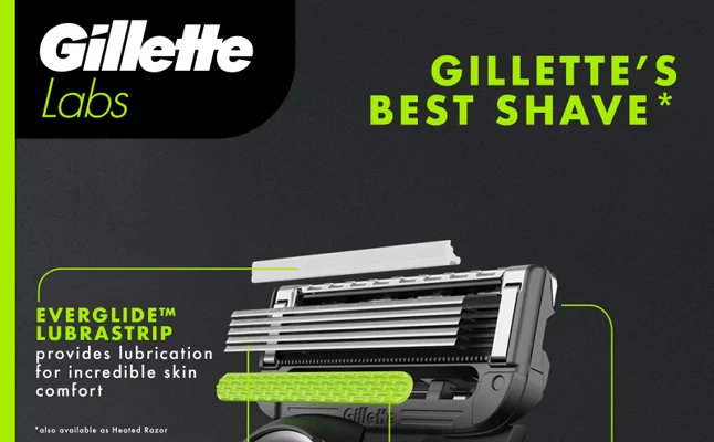 Gillette Labs razor cartridge highlighting the Everglide Lubrastrip for incredible skin comfort and Gillette's best shave.