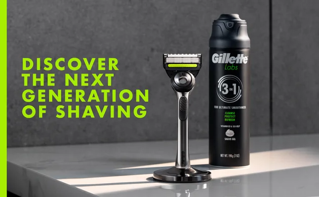 Gillette Labs razor and 2-in-1 shave gel, promoting ultimate smoothness through cleansing, protection, and refreshing.