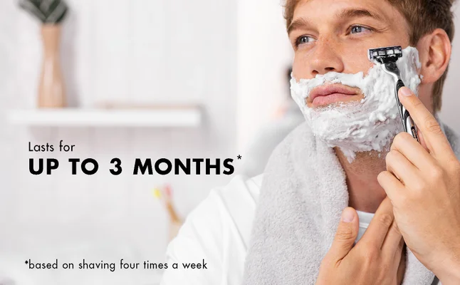 A man is shaving with Gillette Classic Foam, which lasts up to 3 months.