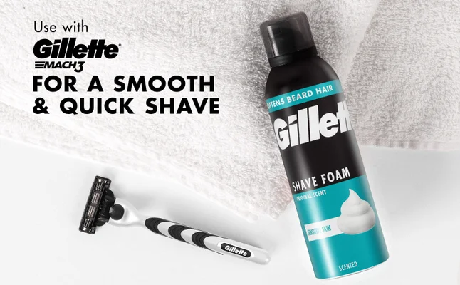 Frontal shot of Gillette Classic Foam next to a Gillette Mach3.
