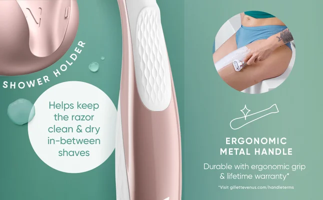 Venus Pro Smooth Sensitive has a shower holder and ergonomic metal handle.