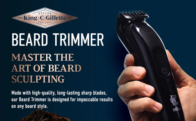 Male hand holding high-quality Beard Trimmer with long-lasting sharp blades.