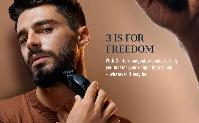 Man using Beard Trimmer with 3 interchangeable combs to help him master his unique beard look.