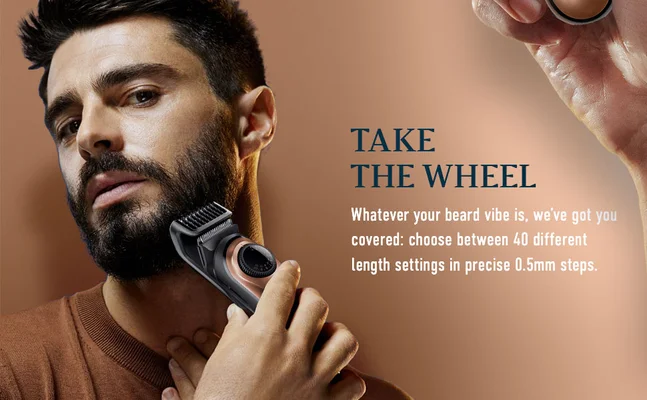 Man using Beard Trimmer PRO with 40 different length settings in precise 0.5 mm steps.