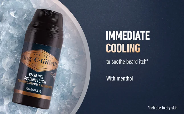 Beard Itch Soothing Lotion on ice to show it cools to soothe beard itch due to dry skin.